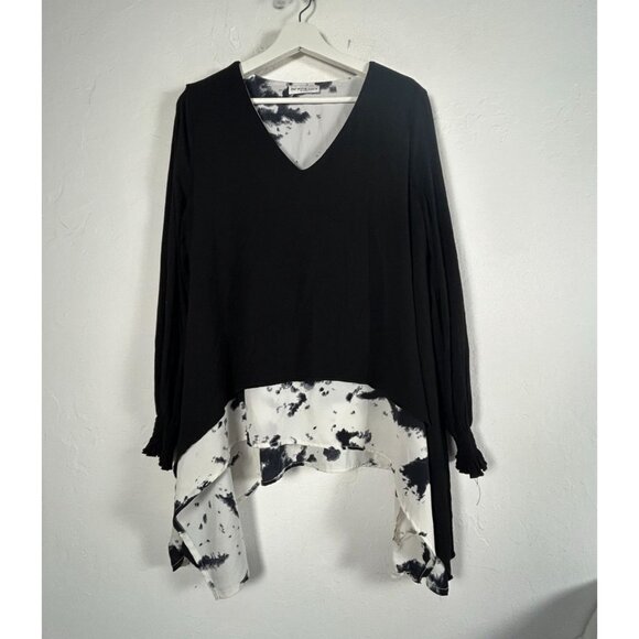 Patrizia Luca Milano Womens Black White V-neck Asymmetric Layered Tunic Top M/L - Picture 1 of 11